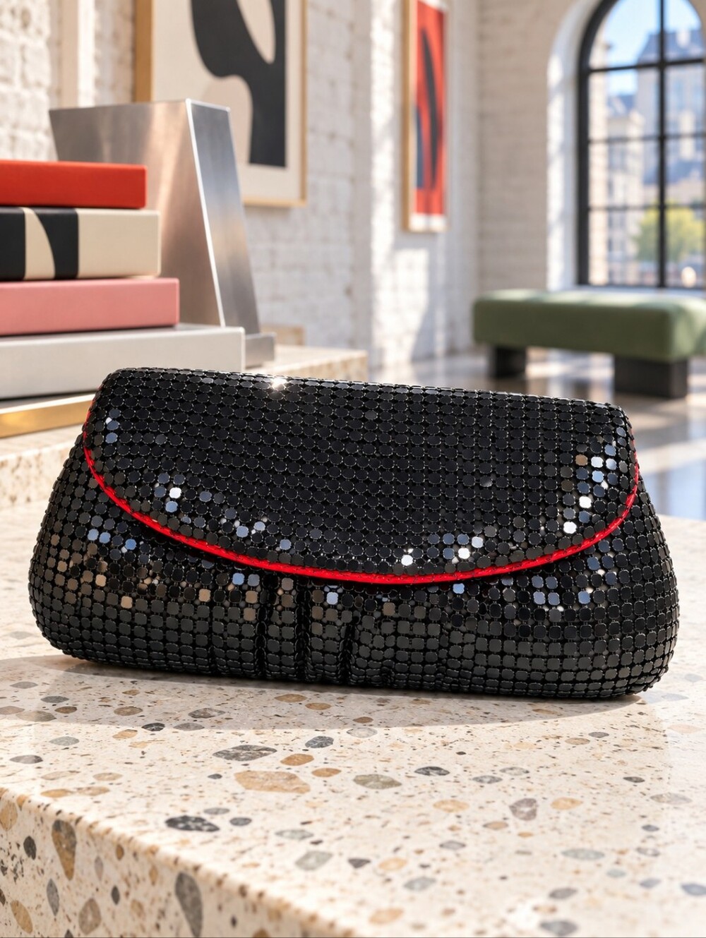 Vintage Y2K Black Metal Mesh Liquid Metal Evening Clutch Red Satin